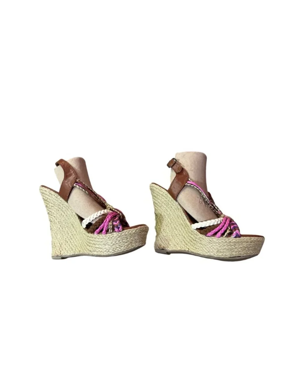 385 Fifth Womens 7 Wedge Sandals Pink Purple Braided Espadrille Resort Heels